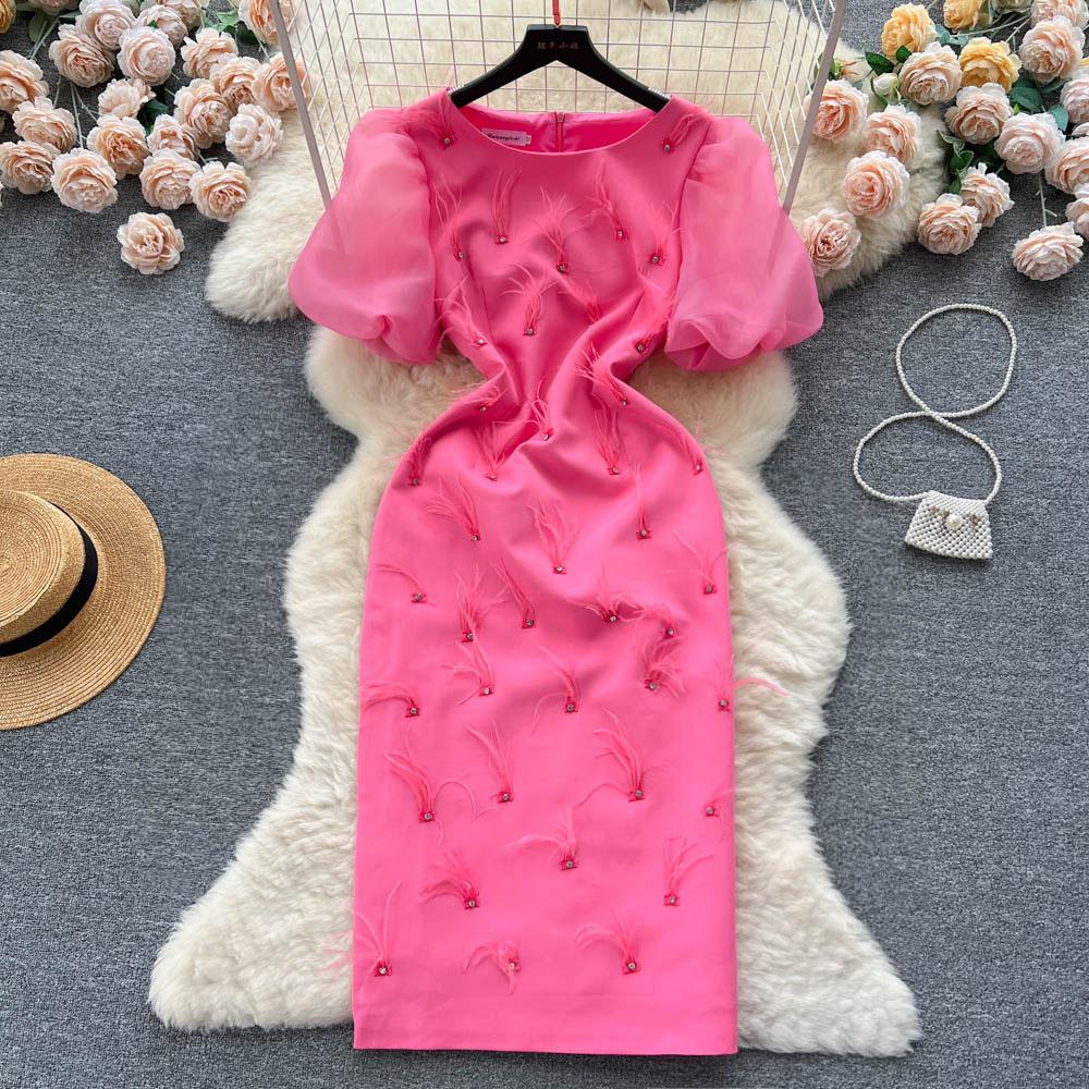 Women High Quality Beading Party Dress Summer Puff Short Sleeve Feather Design Slim Sundress French Vintage Split Midi Pencil Dress