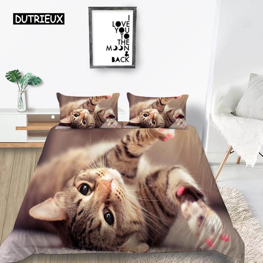 Комплект постельного белья с рисунком кота размера King Size из микрофибры с милым принтом животных для девочек-подростков и детей, комплект постельного белья с рисунком милой кошечки