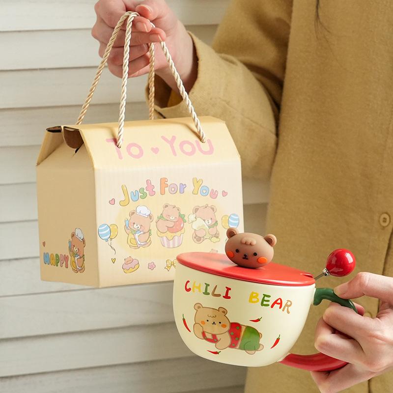 Милая и дорогая керамическая чашка с медведем, крышкой и ложкой, домашний офис, пара, чашка для воды, подарок девушке