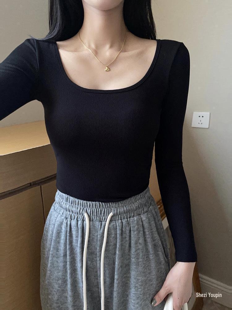 Футболка в корейском стиле облегающего кроя с квадратным вырезом из матового вельвета с нагрудными вкладышами для осени и зимы