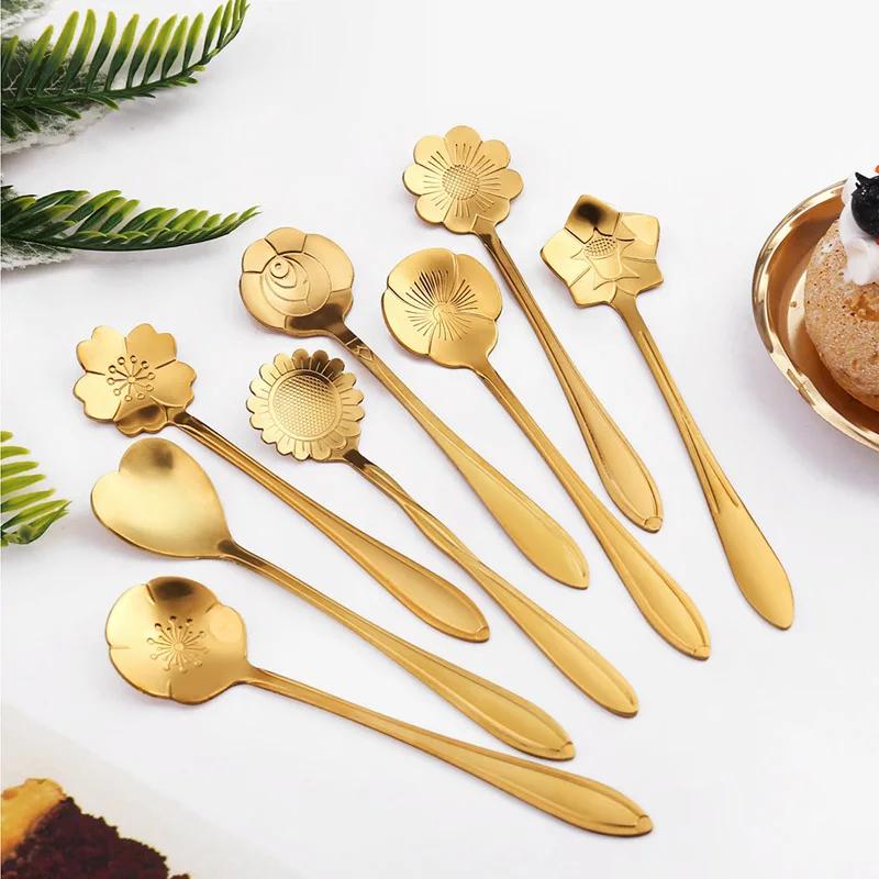 Набор 8 шт. Маленькая ложка для чая с цветком из нержавеющей стали 304 для мороженого, кофе, подарки, десертная посуда, кухонная посуда, аксессуары