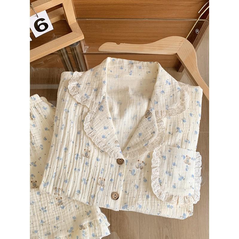 Girls Cotton Gauze Pajama Set Short Sleeve Sleepwear Kids 8 Years Cartoon Print Lightweight Home Wear
