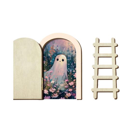 Ghost Shaped Wood Craft Halloween Cute Door Ornaments, Miniature with Ladder, Wooden Ornament 3 Layer Arch for Wall Bookshelf Decoration Eco Friendly