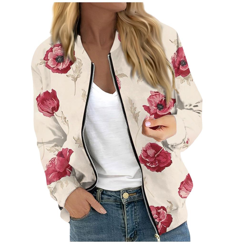 Women's Fashionable Casual Long Sleeve Floral/Leaf Print Round Neck Zipper Jacket