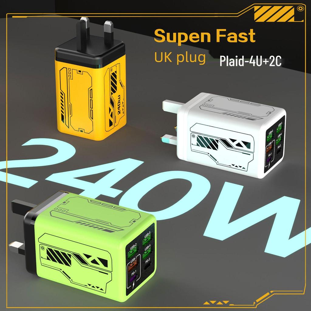 Быстрое зарядное устройство PD240W в стиле меха: 4 порта USB и 2 порта Type-C, Совместимость с устройствами Apple и Huawei