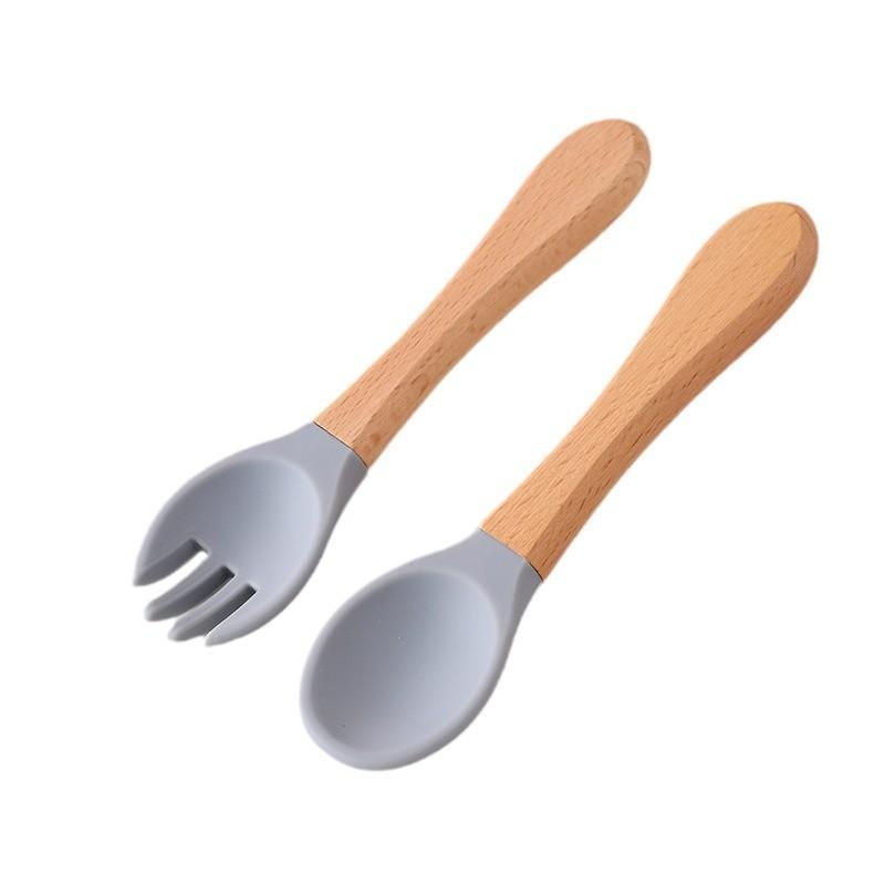 Детская деревянная ручка силиконовая вилка и ложка Главная Дополнительный набор деревянная ручка силиконовая вилка и ложка детская ложка для кормления устойчивая к падениям