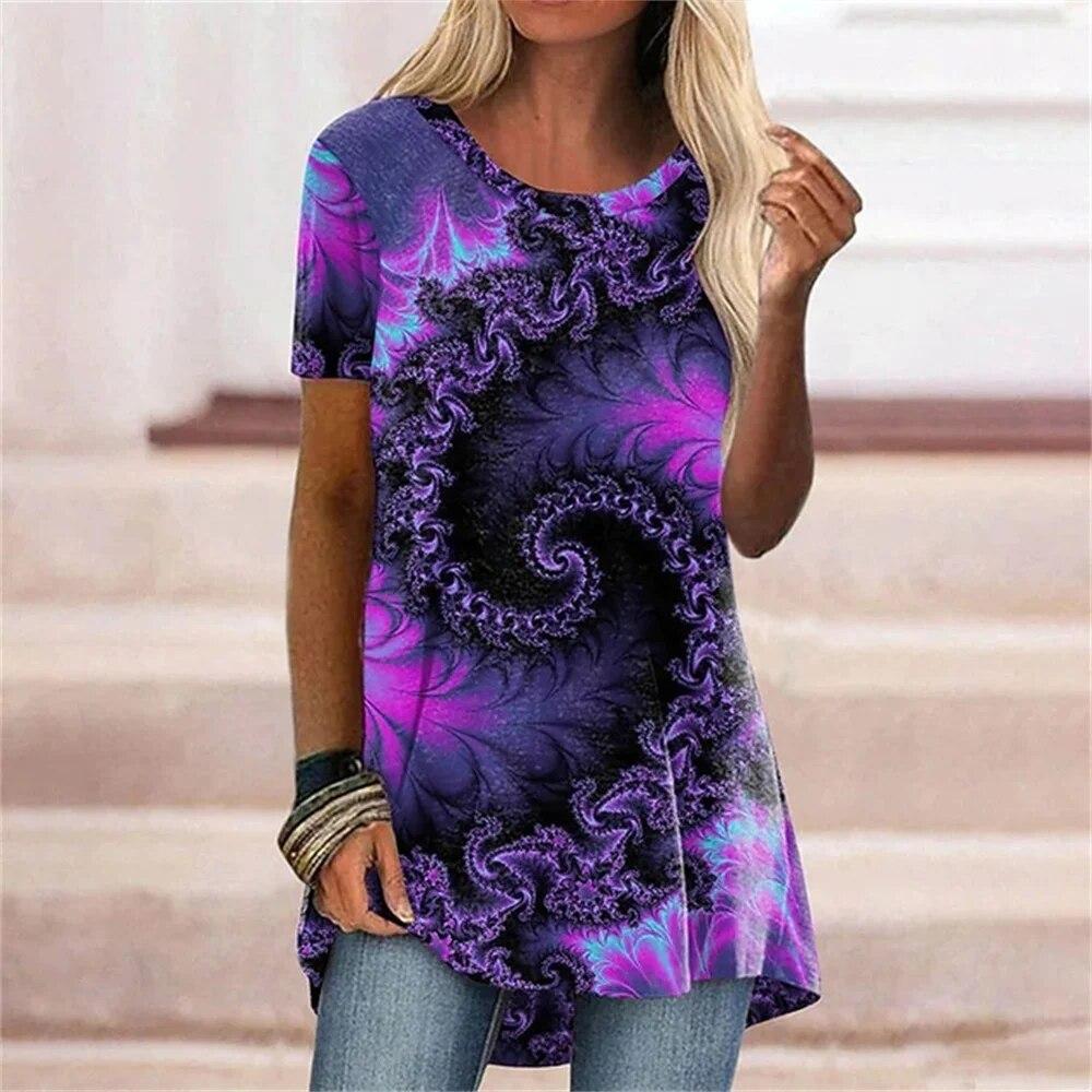 New Summer Casual Women Tshirt Loose Flower Digital 3D Printing Short Sleeve O-neck Pullovers Top Fashion Daily Street Tees