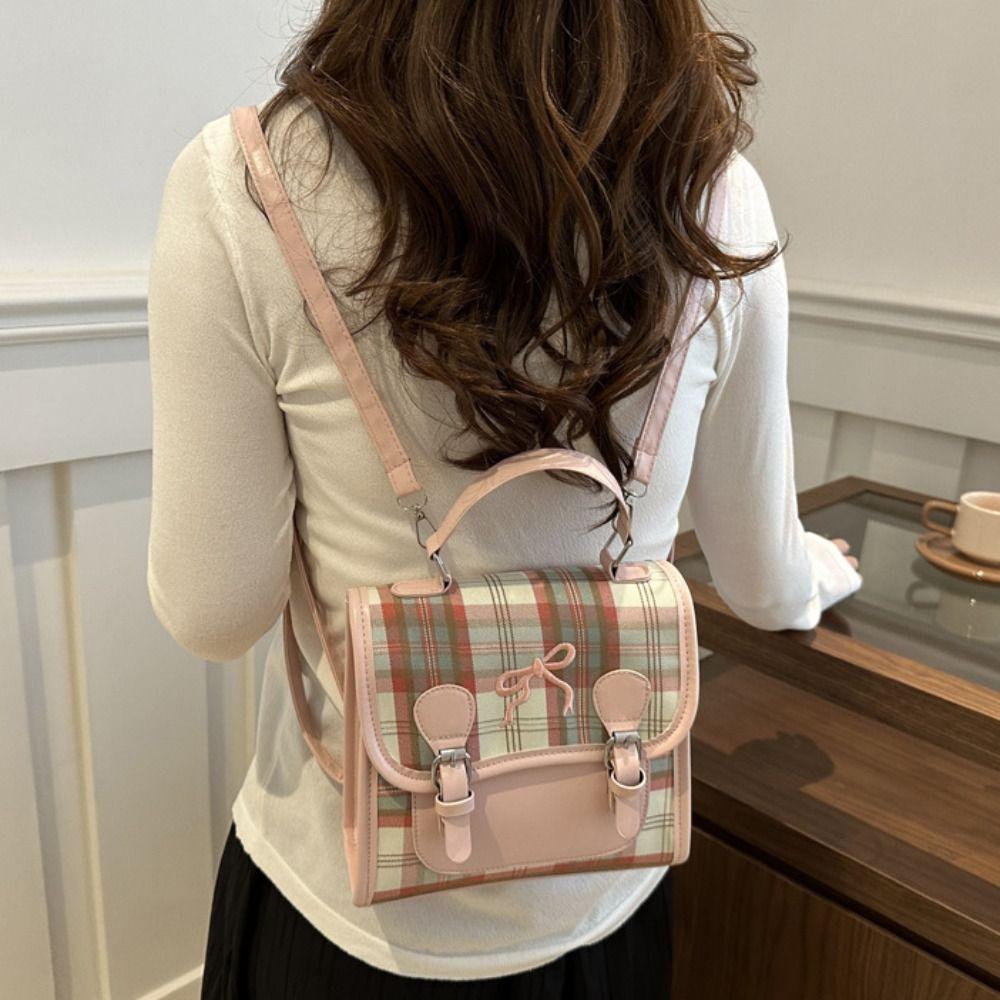 Plaid Grid Bow Backpack Handbag Women Crossbody Bag Simple College Style Backpack Children