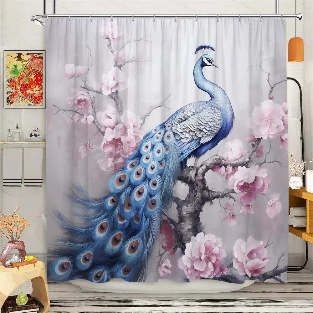 Peacock Shower Curtain Tropical Plant Flower Leaf Landscape Vintage Oil Painting Elegant Polyester Fabric Bathroom Decor Curtain