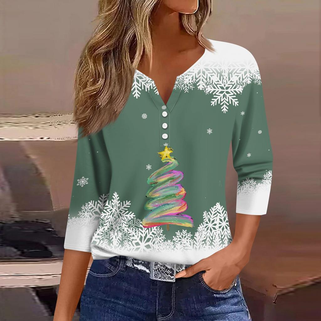 Жен. Футболка Футболка С принтом Пуговицы Рукав 3/4 Повседневные Выходные Мода Классический Классический V-образный вырез Обычный Верх