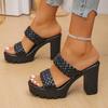 Fashion Women High Heels Sandals Fashion Weave Thick Heel Slippers Square Toe Summer Casual Ladies Slides Slip On Beach Sexy Shoes Woman