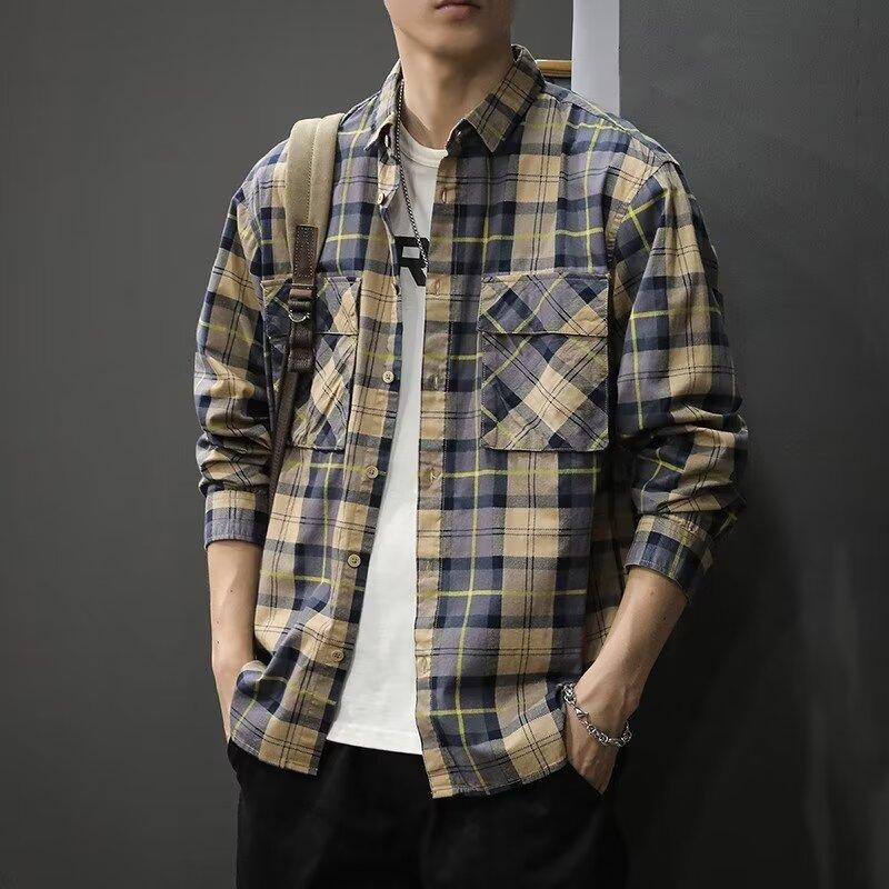 Мужская клетчатая ретро-американская рубашка с лацканами и длинными рукавами