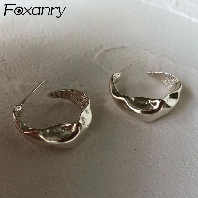 foxanry Silver Color Hoop Earrings for Women New Trendy Vintage Elegant Irregular Texture Party Jewelry Prevent Allergy
