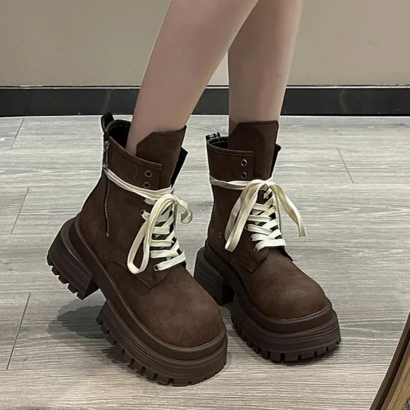 Женские ботинки 2024 года, новые рыцарские ботинки на толстой подошве и каблуке, повседневные мотоциклетные ботинки Zapatos со шнуровкой в стиле панк на молнии