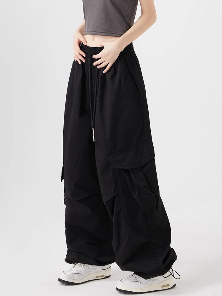 Women Big Pockets Cargo Pants Y2k High Elastic Waist Drawstring Baggy Trousers Vintage Casual Loose Wide Leg Straight Pants