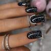 24Pcs Blue Mid-length Fake Nail with Shiny Sequins Design Wearable Square Head False Nails Simple French Finished Press on Nails