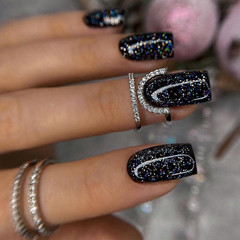 24Pcs Blue Mid-length Fake Nail with Shiny Sequins Design Wearable Square Head False Nails Simple French Finished Press on Nails