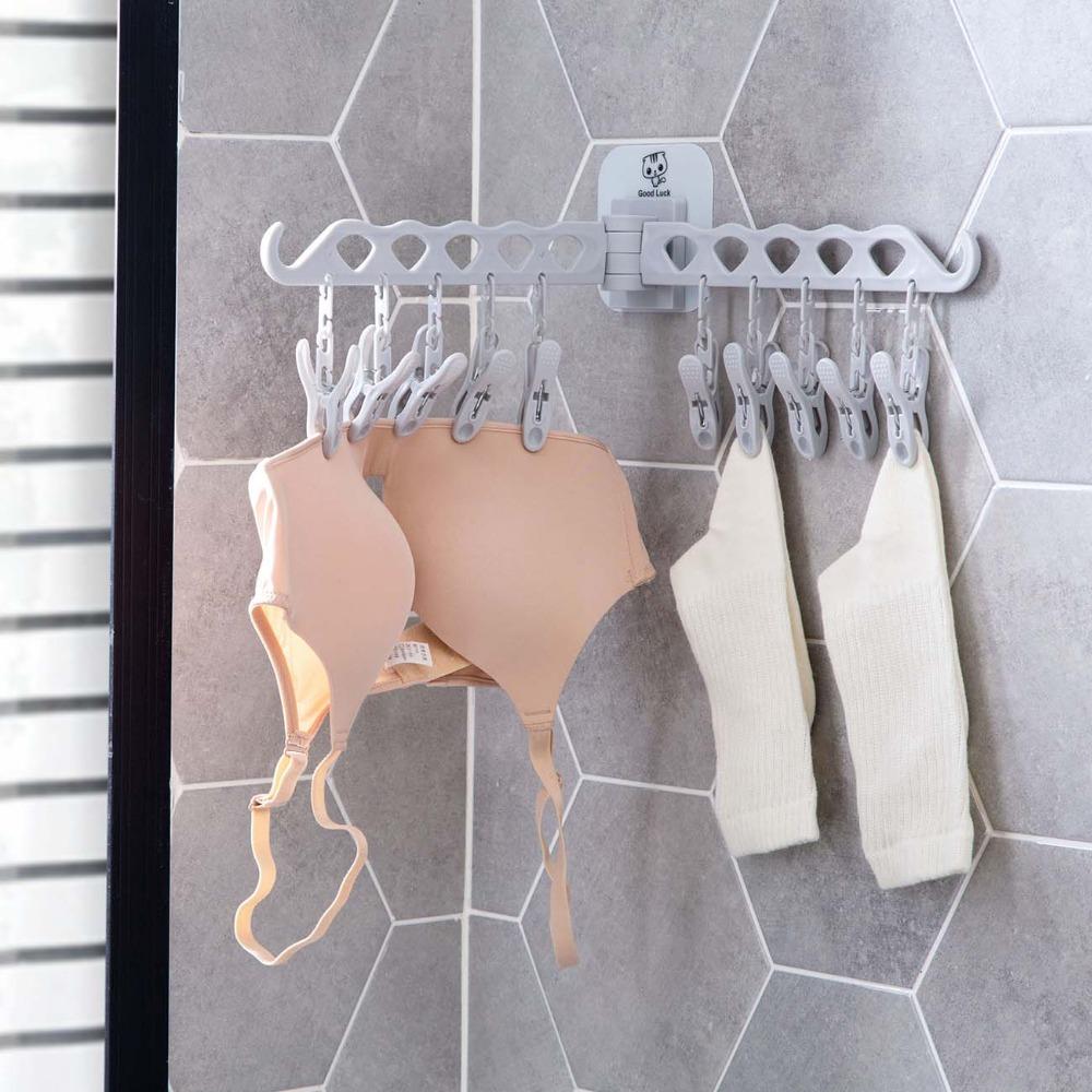 Bathroom 10 Clips Foldable Clothes Rack Hanger Laundry Folding Wall Underware Clothespin Mount Drying Holder for Bra Socks