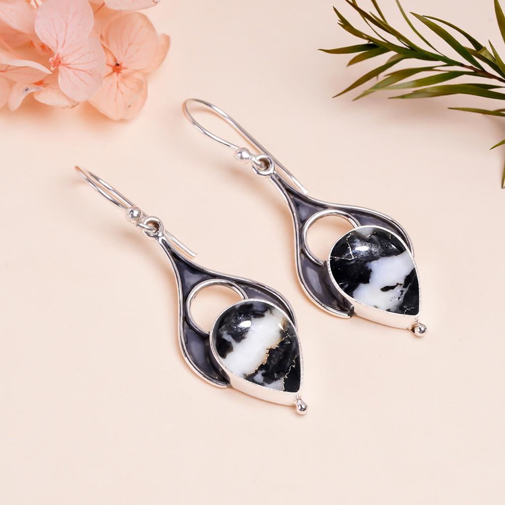 Белая бирюза буффало - Невада 925 стерлинговое серебро серьга V9713, Черно-белая серьга, Серьга-груша, Подарок на День святого Валентина, Подарок для нее, День рождения Г