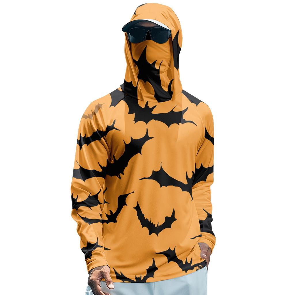 Мужская худи реглан для рыбалки с принтами на Хэллоуин - UPF 50+ УФ защита, длинный рукав, солнцезащитная рубашка с сетчатым козырьком