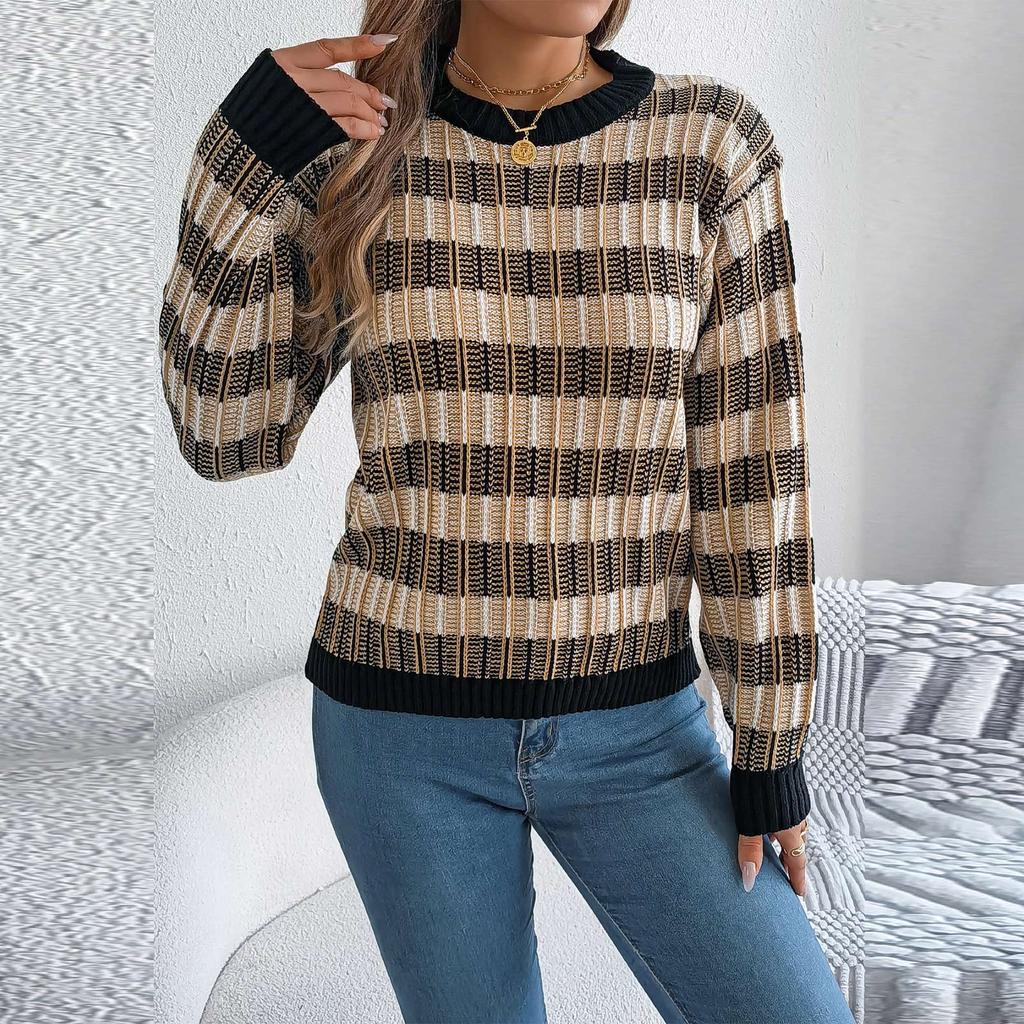 Women's Round Neck Vintage Striped Long Sleeve Pullover Sweater