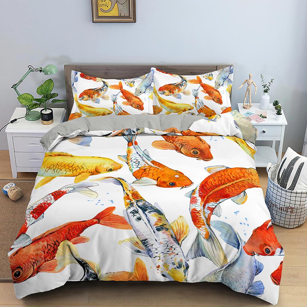 Goldfish Duvet Cover King/Queen Size Golden Red 3D Animal Bedding Set For Kid Teen Adult,Fish Themed Quilt Cover With Pillowcase