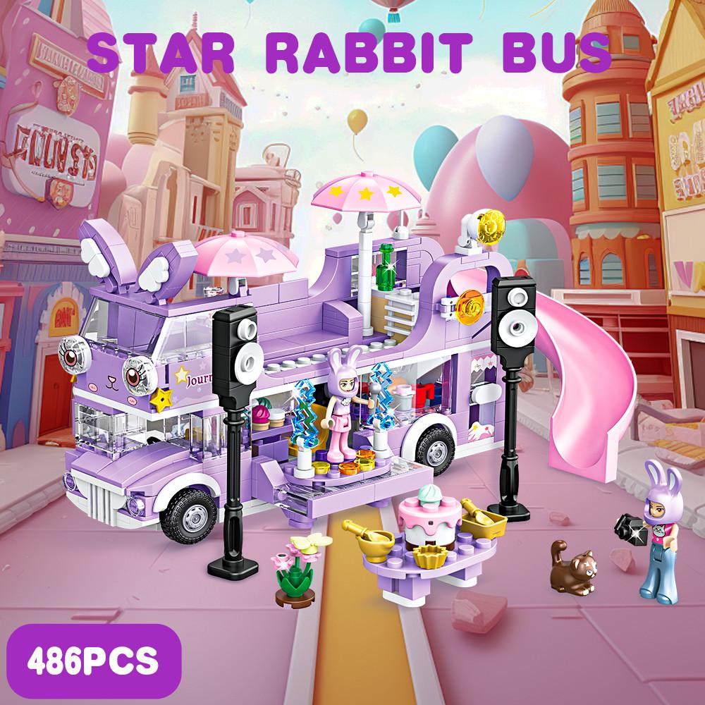 486PCS Girl Friends Double-Storey Star Rabit Bus Building Blocks Toys STEM Bricks Toys Friends Figures Flower Christmas Day Purple Color Toys Girls