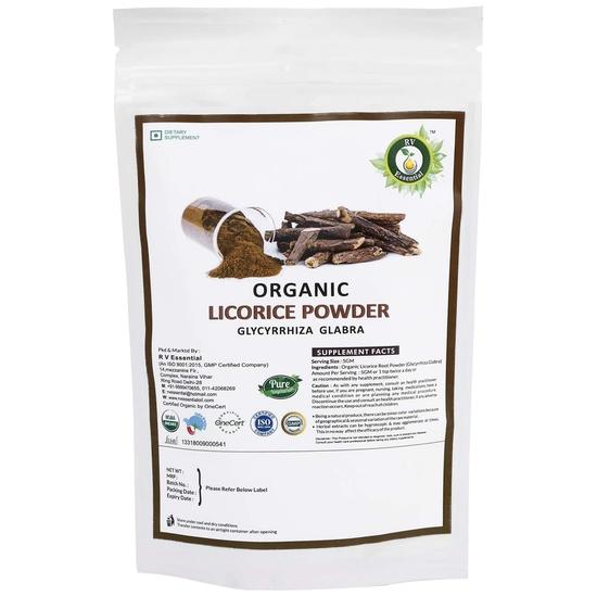 R V Essential Organic Licorice Powder 100gm- Glycyrrhiza Glabra Licorice Root Powder Mulethi Powderr Liquorice Powder USDA Organic Certified