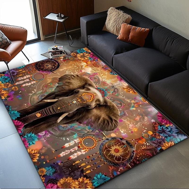 Elephant Mandala Rug: Ethnic Floral Pattern for Bohemian Homes | Vibrant Indian Style Decor | Exotic Animal Theme Carpets