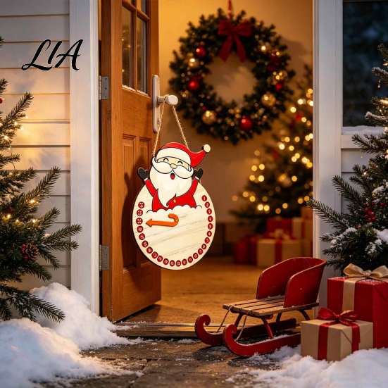 Wooden Christmas Countdown Calendar, Reusable Days Until Door Hanging Sign, Cute Cartoon Decor Vintage Round Wreath Hanger for Holiday Wall