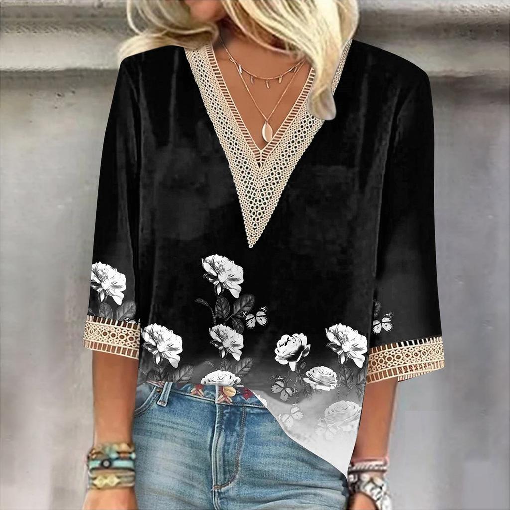 Women's Shirt Blouse Casual Loose Shirts 3/4 Sleeve Lace Trims Print V Neck Tops Print Tops T-shirts Tee