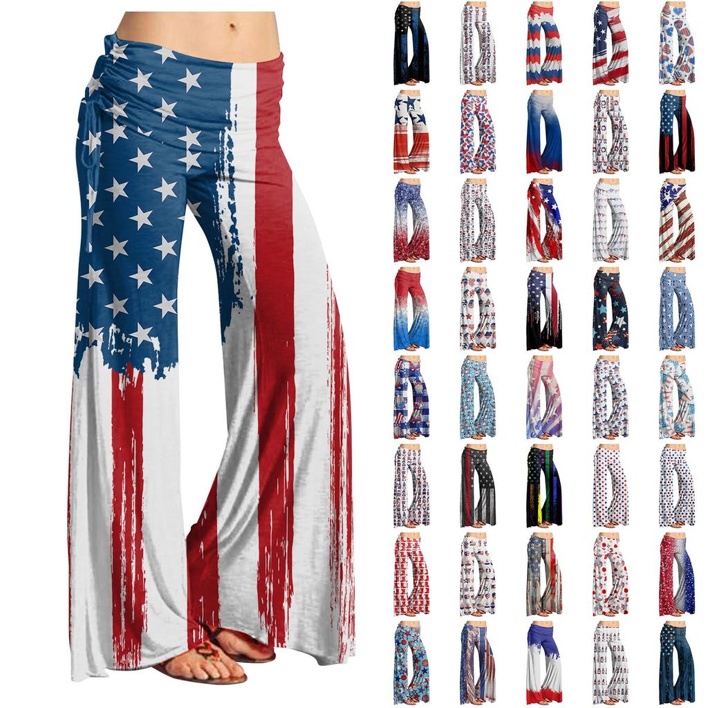 Women's Fashion Vintage Print Casual Flared Drawstring Trousers Wide Leg Pants