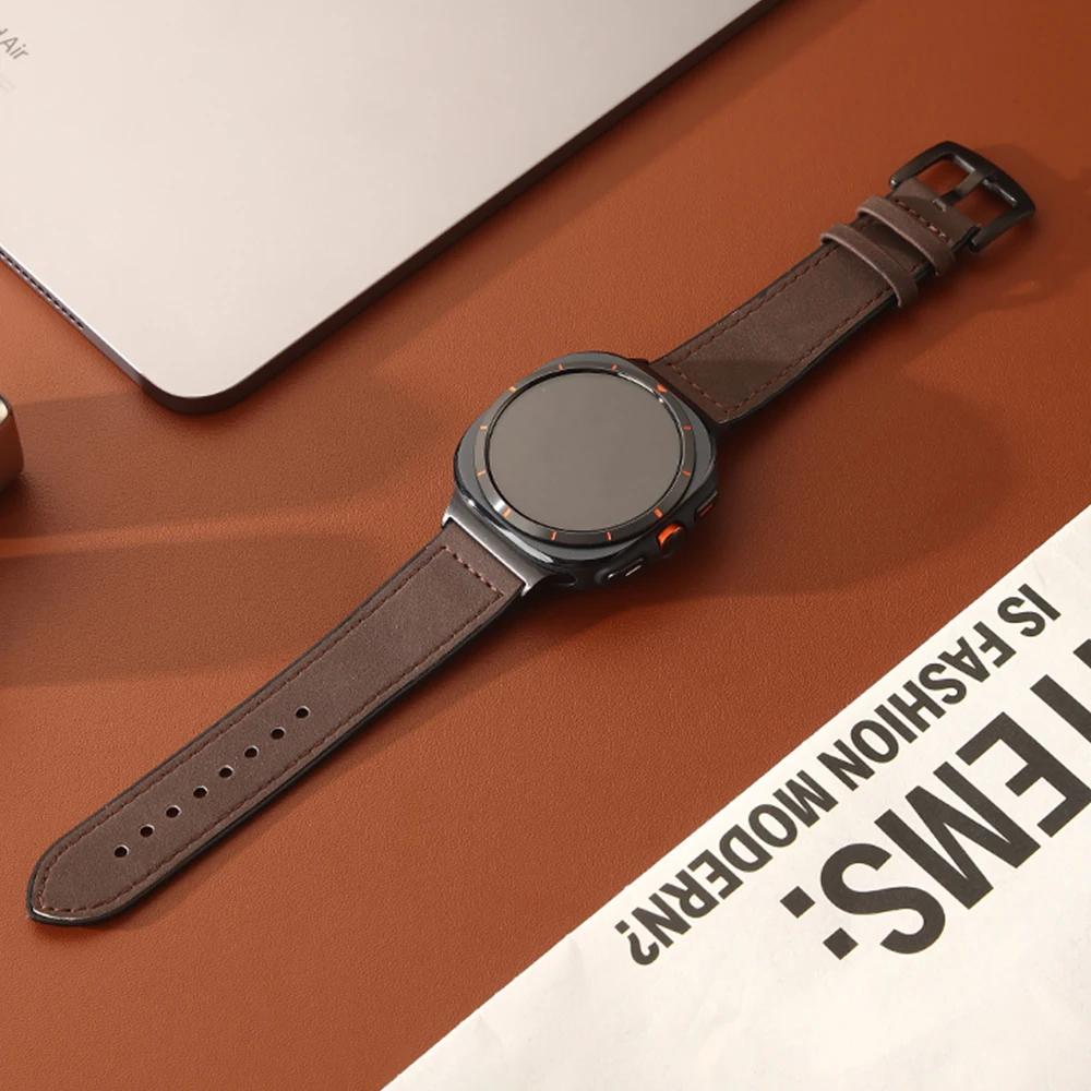 Кожаный деловой ремешок для Samsung Galaxy Watch 8 Classic 46 мм 44 мм 40 мм без зазоров, мужской браслет для Galaxy Watch 7 Ultra 47 мм, роскошный ремешок с изогнутыми концами