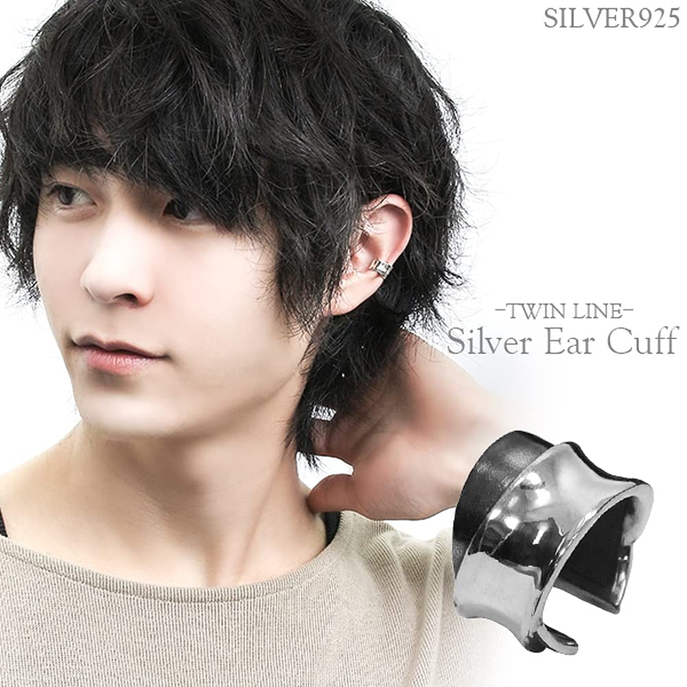 Shinjuku Gin no Kura Reverse Shell Round Twin Line Ear Cuff, Silver 925, Single Ear, Men's, Black, Simple, Non-Pierced Earring