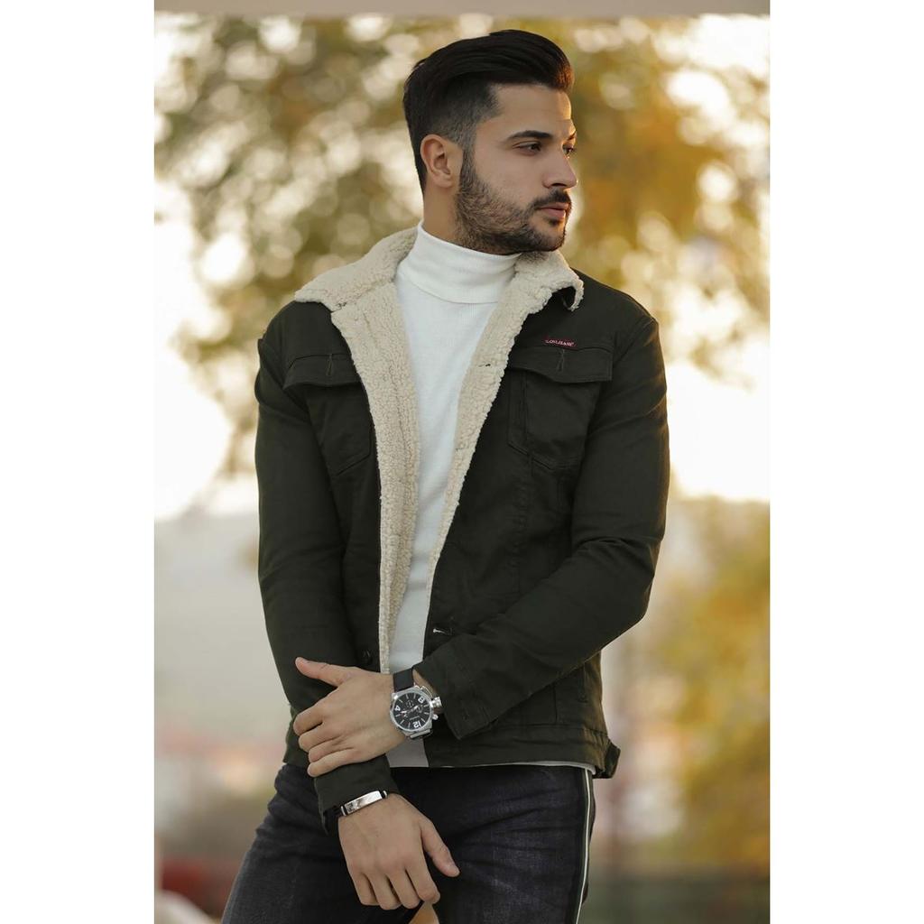 Мужская джинсовая куртка цвета хаки с мехом внутри