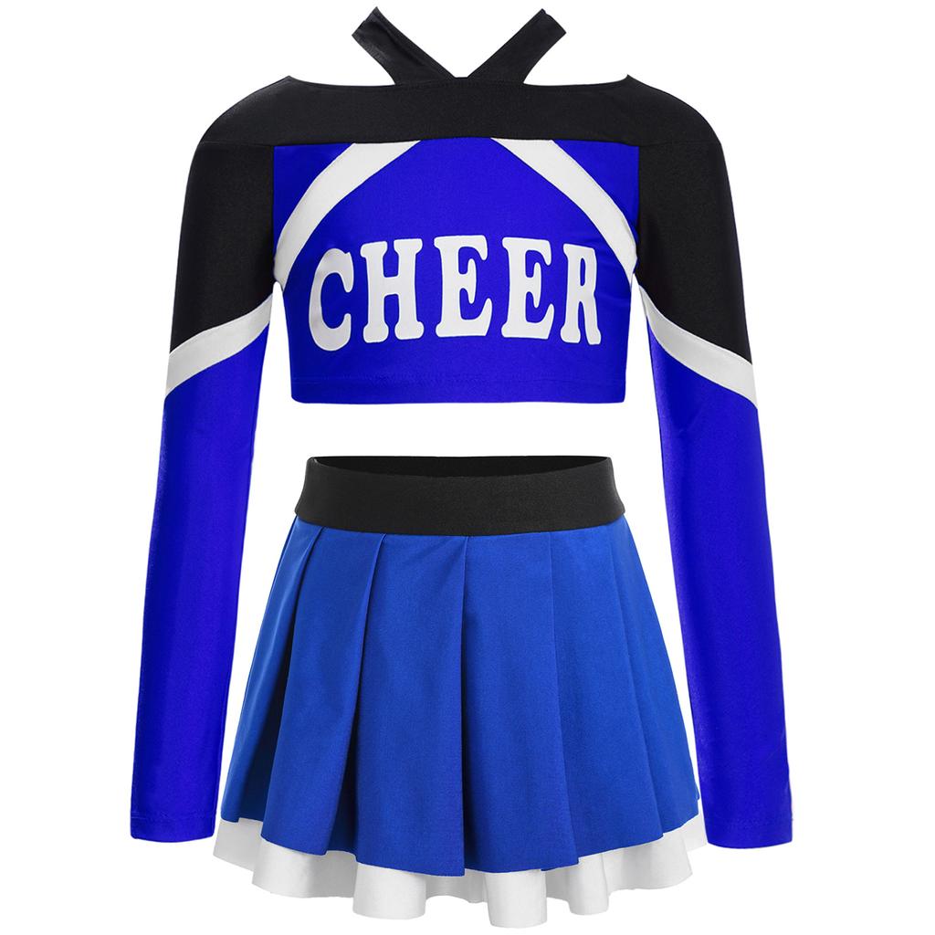 Girls Cheerleading Outfit Long Sleeve Letter Print Color Block Crop Top Pleated Skirt Set