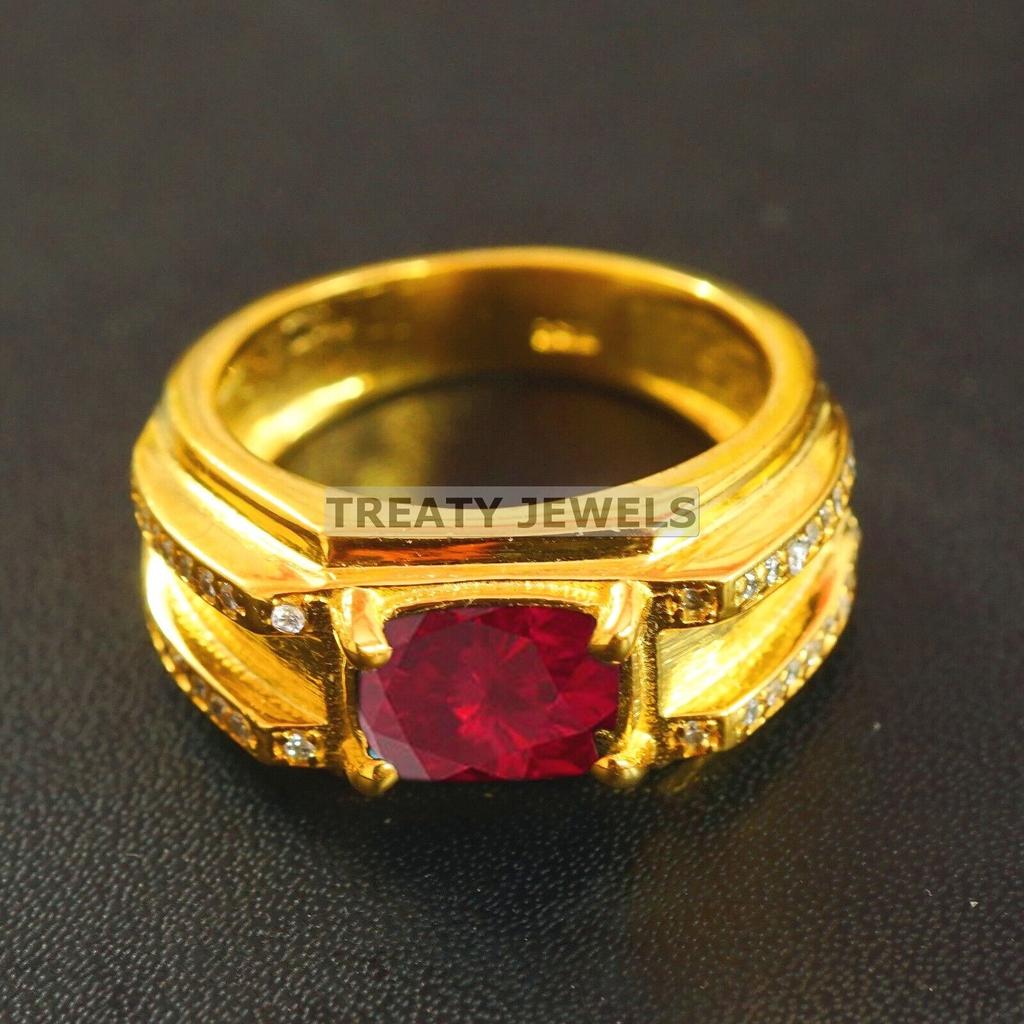 Ruby Oval Cut With 925 Sterling Silver Gold Plated Ring For Men's #B520 JL375684095927