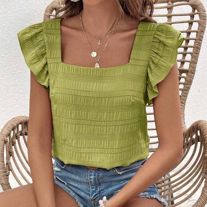 Женская летняя футболка с квадратным воротником и оборками, однотонный пуловер, топ