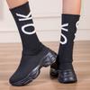 TUINANLE Thick Sole Long Boots for Women Elastic Socks Shoes Boots Mid-calf Round Toe Low Heels