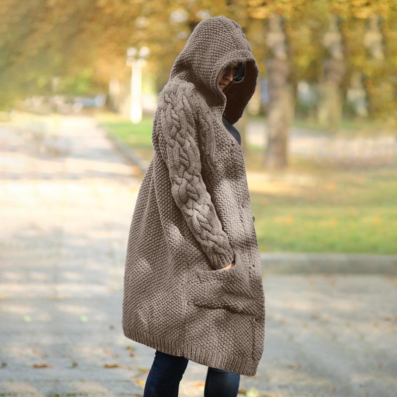 Women Winter Fashion Long Sleeve Solid Color Knitted Hooded Sweater Cardigan Open Front Long Cardigan