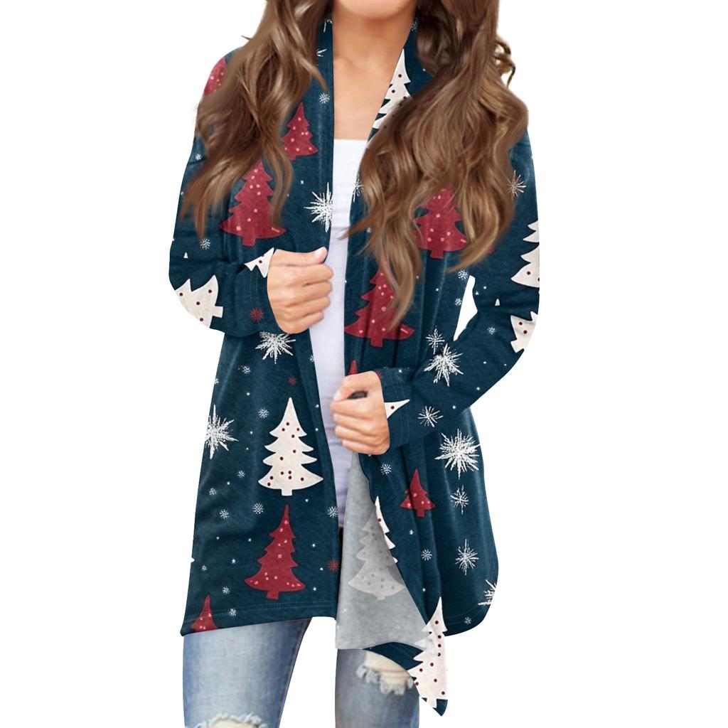 Women's Fashionable Loose-Fit Casual Cardigan With Christmas Print Mid-Length Coat