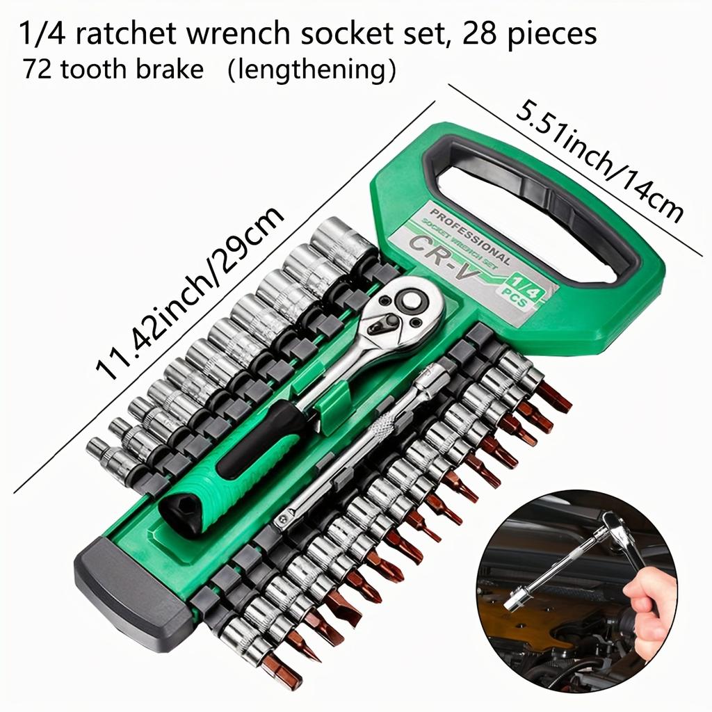 1/4 Inch Ratchet Socket Wrench Set, Mechanical Tool Kit, and Reversible Ratchet Handle with Quick Release and Extension Rod