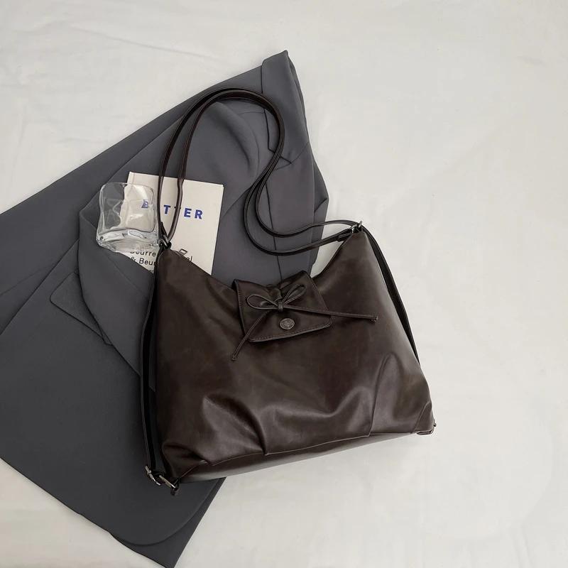 Сумки на плечо из кожи с бантом для женщин, новые осенне-зимние, роскошные, большой емкости, трендовые ретро-сумки