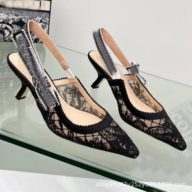 D2024 Весенние кружевные сетчатые туфли на плоской подошве с острым носком: Сандалии с ремешком сзади в стиле феи для женщин