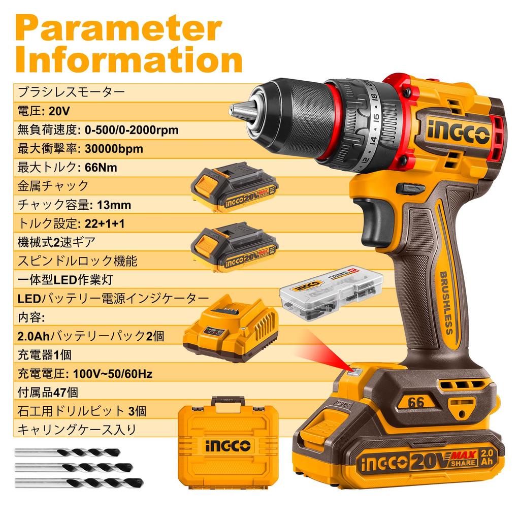Бесщеточная ударная дрель INGCO 20 В с крутящим моментом 66 Нм 2 аккумулятора по 2,0 Ач и зарядное устройство