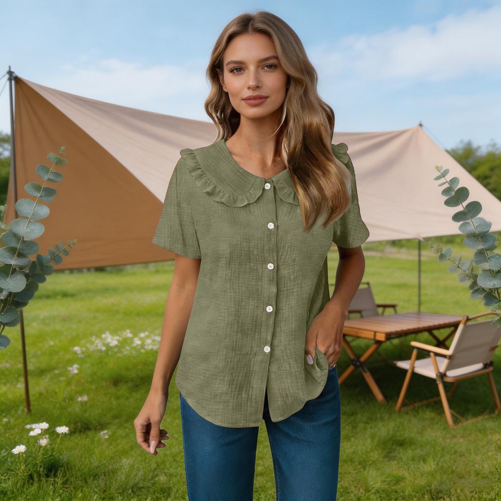 Women Summer Short Sleeve Shirt Dress Style Blouse Ruffle Collar Button Front Closure Casual Loose Fit Textured Top