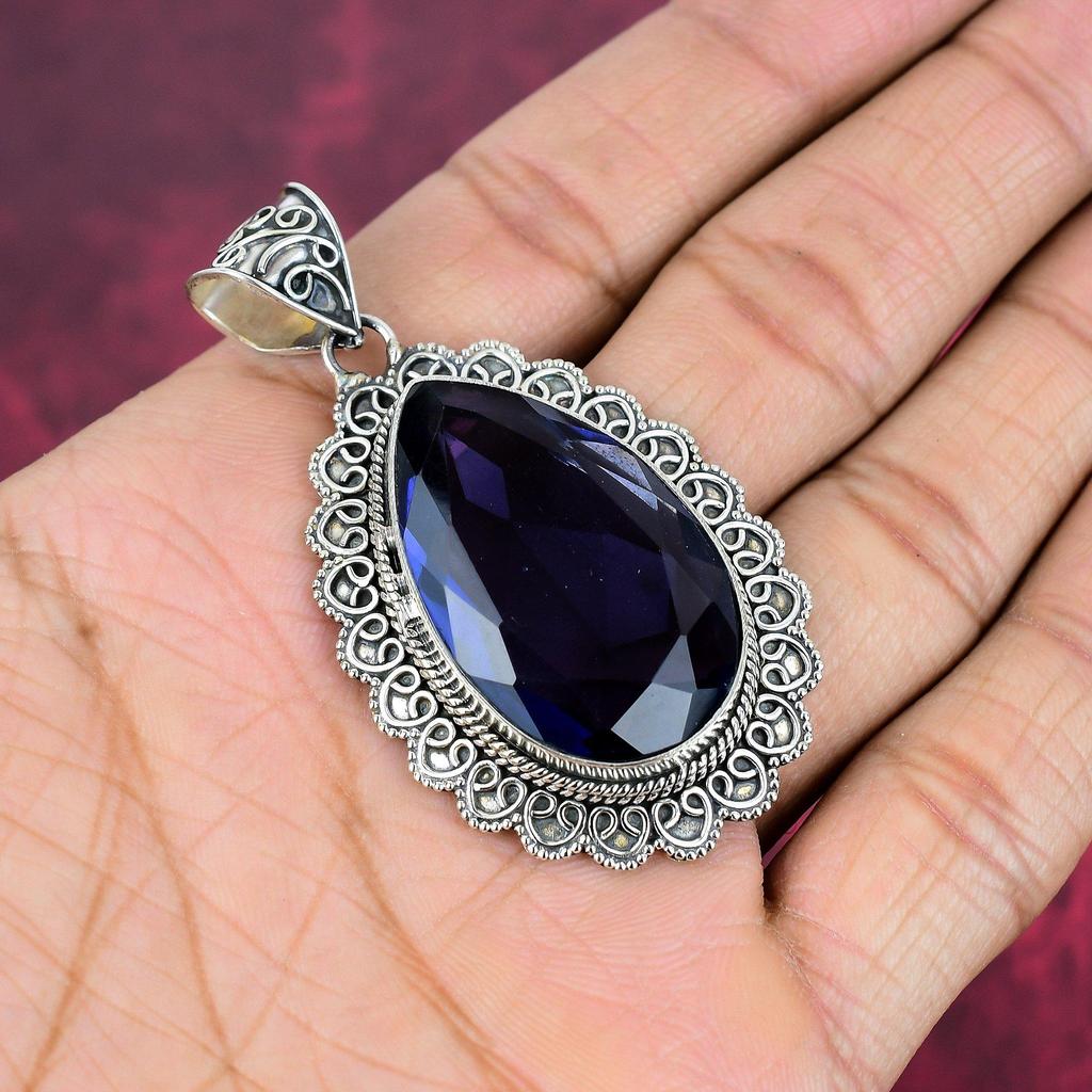 Подвеска с синим сапфиром, подвеска из драгоценного камня ручной работы, подвеска из стерлингового серебра 925 пробы, антикварные ювелирные изделия, для подарка на помолвку