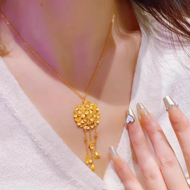 9999 Real Gold 24K Yellow Gold Hydrangea Tassel Necklace Fashion Antique Niche