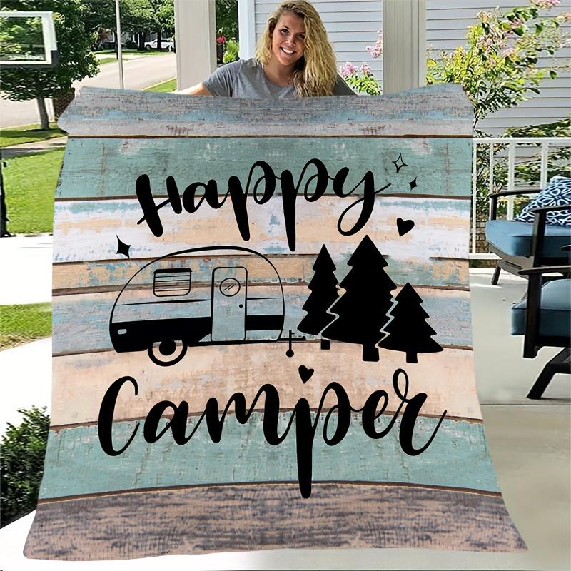 Cozy Flannel Throw Blanket Featuring a Happy Camper Design, Machine Washable, Crafted with Quilted Details, Digitally Printed, V