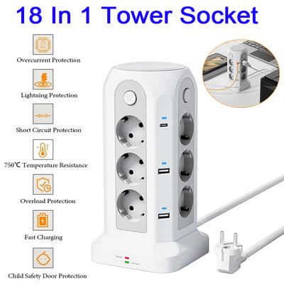 Универсальная удлинительная колодка 18 в 1 с 12 розетками, 4 портами USB, 2 портами Type-C, 4 выключателями, башенной конструкцией, защитой от перенапряжения, шнуром питания 5 м